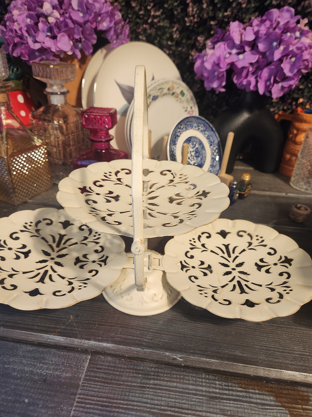 Cream 3-Tier Decorative Metal Serving Stand Rustic Aesthetic